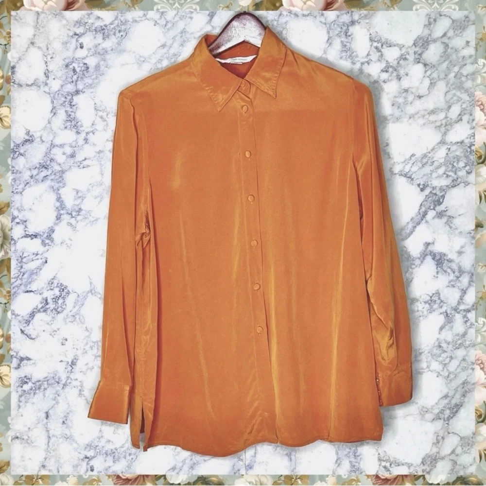 ⭐️ August Max Orange SILK Vintage Button Up Roomy Blouse Womens XS - Picture 8 of 8